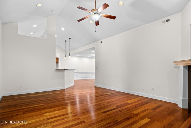 7235 Alysha Vineyard Way, Knoxville, TN 37931 - unfurnished living room featuring high vaulted ceiling, ceiling fan, wood finished floors, recessed lighting, and baseboards