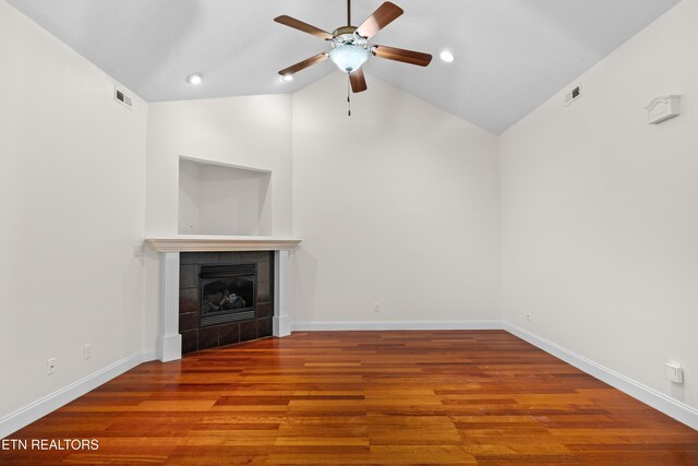 7235 Alysha Vineyard Way, Knoxville, TN 37931 - unfurnished living room featuring ceiling fan, a tile fireplace, wood finished floors, baseboards, and recessed lighting