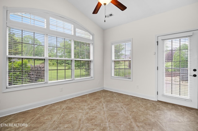 7235 Alysha Vineyard Way, Knoxville, TN 37931 - tiled spare room featuring vaulted ceiling, ceiling fan, and baseboards
