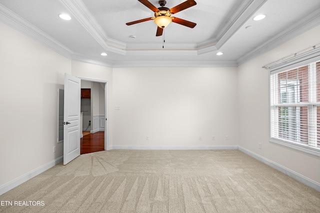 7235 Alysha Vineyard Way, Knoxville, TN 37931 - unfurnished room with light carpet, ornamental molding, recessed lighting, a ceiling fan, and a raised ceiling