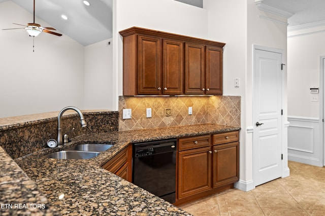 7235 Alysha Vineyard Way, Knoxville, TN 37931 - kitchen with a sink, dishwasher, a ceiling fan, backsplash, and dark stone countertops