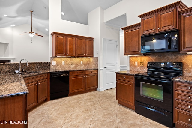 7235 Alysha Vineyard Way, Knoxville, TN 37931 - kitchen with black appliances, a sink, a ceiling fan, dark stone countertops, and decorative backsplash