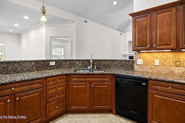 7235 Alysha Vineyard Way, Knoxville, TN 37931 - kitchen featuring dishwasher, a sink, dark stone countertops, crown molding, and backsplash