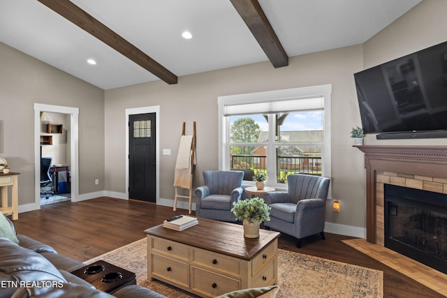119 Pointe Summit Dr, Greenback, TN 37742 - living area featuring dark wood finished floors, baseboards, a fireplace with flush hearth, and recessed lighting