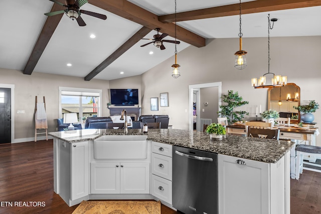 119 Pointe Summit Dr, Greenback, TN 37742 - kitchen featuring stainless steel dishwasher, open floor plan, a sink, ceiling fan, and dark stone counters