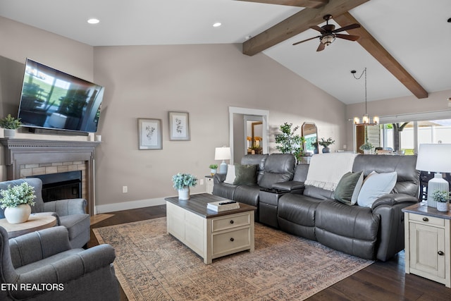 119 Pointe Summit Dr, Greenback, TN 37742 - living room featuring a ceiling fan, dark wood-style flooring, a chandelier, a fireplace, and beamed ceiling
