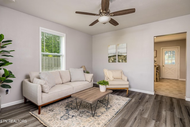 6944 Berry Ln, Knoxville, TN 37914 - living room featuring ceiling fan, dark wood-style floors, and plenty of natural light
