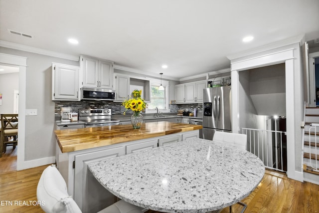 828 Noragate Rd, Knoxville, TN 37919 - kitchen featuring appliances with stainless steel finishes, a center island, butcher block countertops, ornamental molding, and backsplash