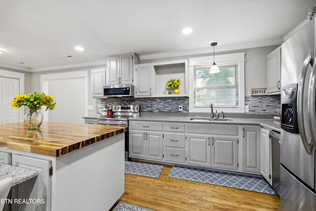 828 Noragate Rd, Knoxville, TN 37919 - kitchen featuring stainless steel appliances, a sink, wooden counters, ornamental molding, and light wood-type flooring