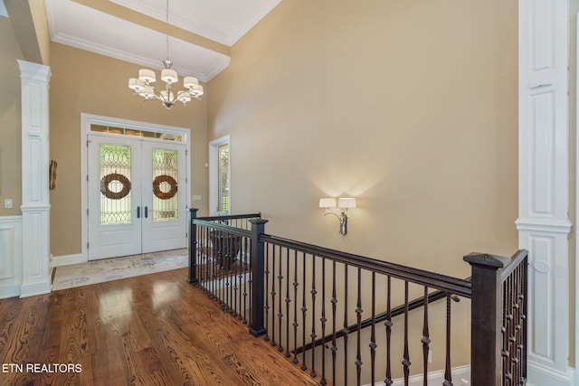 111 Winchester Cir, Oak Ridge, TN 37830 - foyer featuring ornamental molding, french doors, wood finished floors, a chandelier, and decorative columns