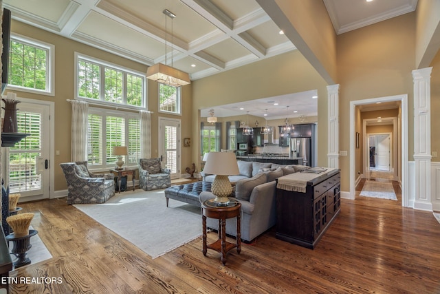 111 Winchester Cir, Oak Ridge, TN 37830 - living area with a towering ceiling, ornate columns, dark wood-type flooring, crown molding, and coffered ceiling