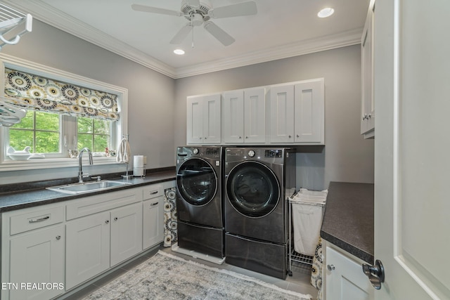111 Winchester Cir, Oak Ridge, TN 37830 - washroom with washing machine and clothes dryer, cabinet space, a ceiling fan, recessed lighting, and ornamental molding