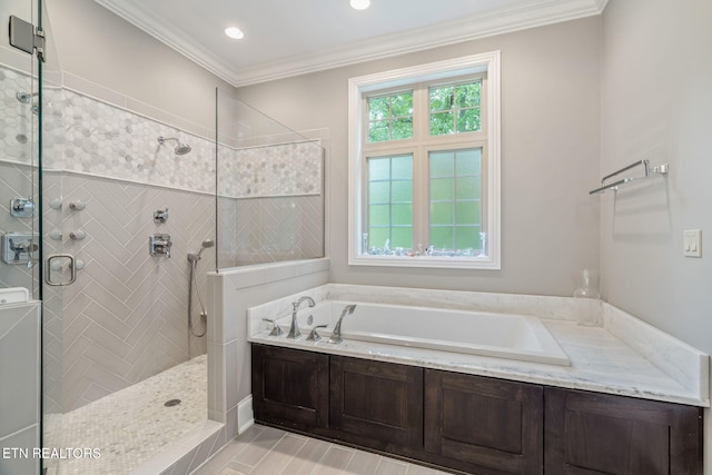 111 Winchester Cir, Oak Ridge, TN 37830 - full bath with a bath, tiled shower, ornamental molding, and recessed lighting