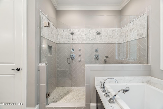 111 Winchester Cir, Oak Ridge, TN 37830 - full bathroom with a bath, a stall shower, and crown molding