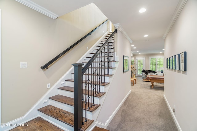111 Winchester Cir, Oak Ridge, TN 37830 - staircase with crown molding, baseboards, recessed lighting, and carpet floors