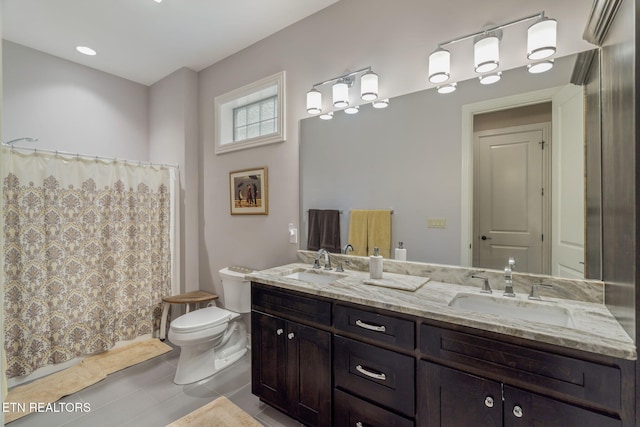 111 Winchester Cir, Oak Ridge, TN 37830 - bathroom with toilet, tile patterned floors, double vanity, and a shower with curtain