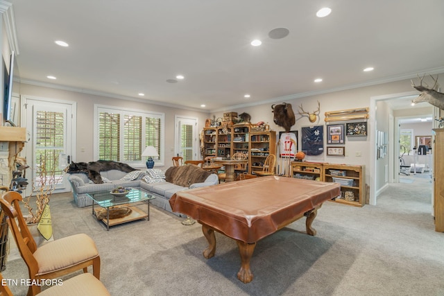 111 Winchester Cir, Oak Ridge, TN 37830 - rec room with crown molding, recessed lighting, carpet floors, and billiards