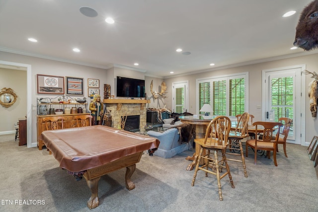 111 Winchester Cir, Oak Ridge, TN 37830 - rec room with crown molding, light colored carpet, a fireplace, billiards, and recessed lighting