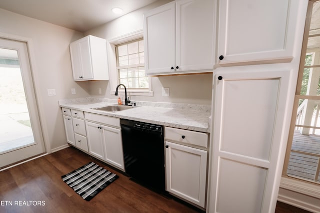 1799 Baker Hwy, Huntsville, TN 37756 - kitchen featuring dishwasher, a sink, white cabinetry, dark wood finished floors, and light stone countertops