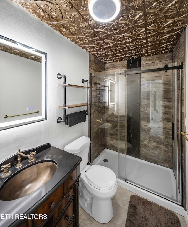 1316 Mountain Meadows Way, Sevierville, TN 37862 - bathroom with an ornate ceiling, a stall shower, toilet, vanity, and tile patterned floors