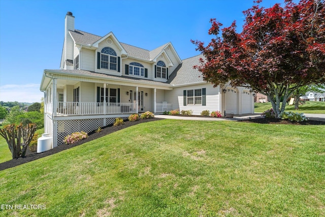 view of front of property featuring a porch, an attached garage, a chimney, a front lawn, and a shingled roof