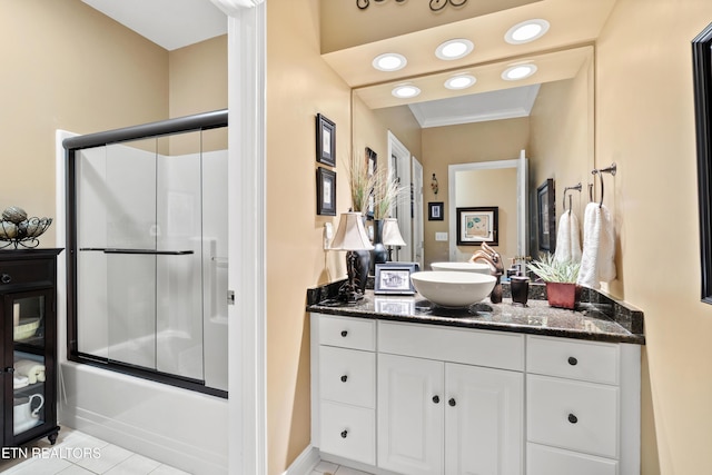 12311 Willow Ridge Ln, Farragut, TN 37934 - full bath featuring tile patterned flooring, combined bath / shower with glass door, vanity, crown molding, and recessed lighting