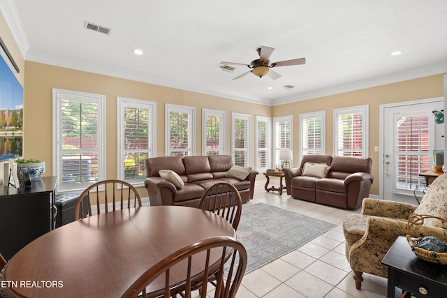 12311 Willow Ridge Ln, Farragut, TN 37934 - living room featuring light tile patterned flooring, ceiling fan, crown molding, and recessed lighting