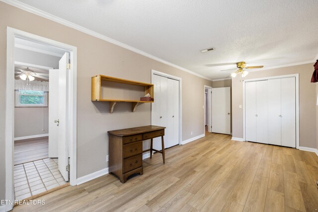 7613 Luscombe Dr, Knoxville, TN 37919 - bedroom with multiple closets, crown molding, light wood-type flooring, baseboards, and a textured ceiling