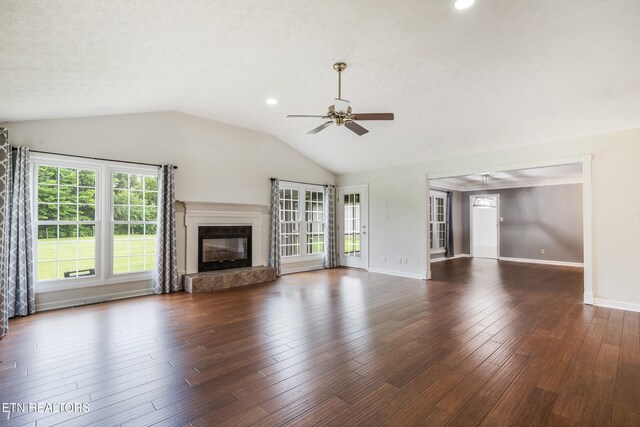 6799 Hickory Creek Rd, Lenoir City, TN 37771 - unfurnished living room with a ceiling fan, lofted ceiling, a fireplace, wood finished floors, and recessed lighting