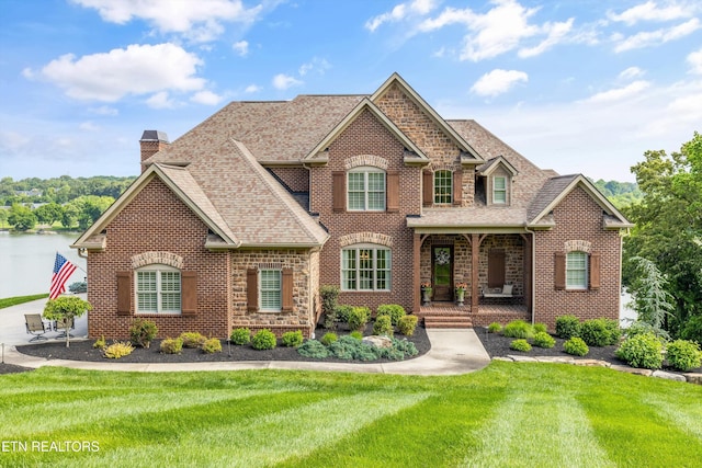 436 Silent River Ln, Loudon, TN 37774 - view of front facade featuring a porch, a chimney, brick siding, and a front yard