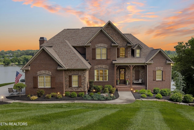 436 Silent River Ln, Loudon, TN 37774 - view of front of home featuring a chimney, brick siding, a lawn, and a shingled roof
