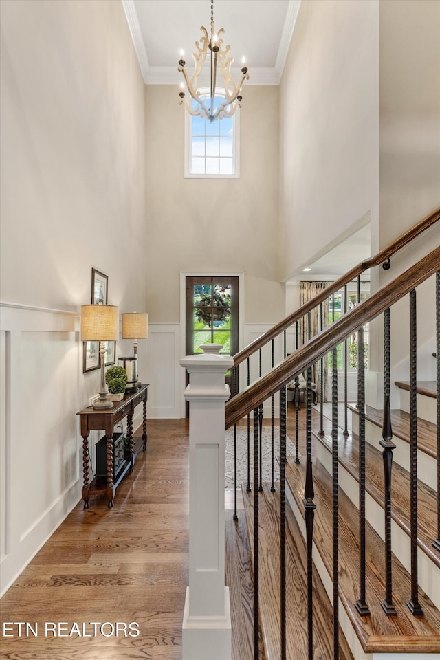 436 Silent River Ln, Loudon, TN 37774 - stairs featuring a chandelier, wood finished floors, a decorative wall, a towering ceiling, and crown molding