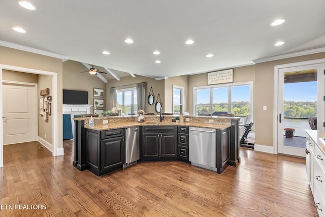436 Silent River Ln, Loudon, TN 37774 - kitchen featuring stainless steel dishwasher, crown molding, recessed lighting, a sink, and a kitchen island with sink