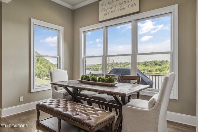 436 Silent River Ln, Loudon, TN 37774 - dining space featuring ornamental molding, baseboards, wood finished floors, and a water view