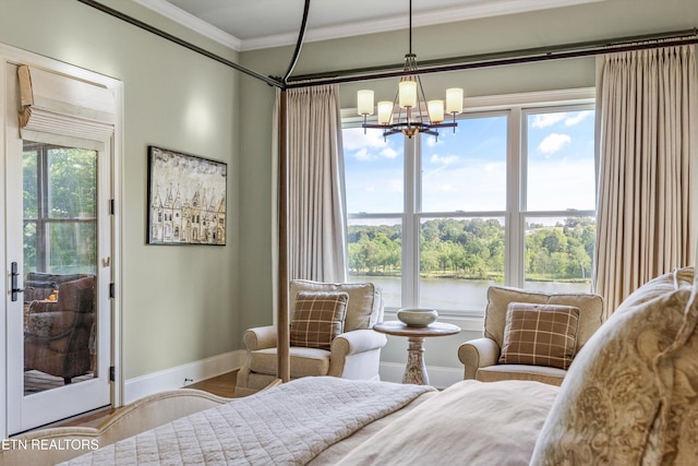 436 Silent River Ln, Loudon, TN 37774 - bedroom with crown molding, baseboards, a water view, a chandelier, and access to outside