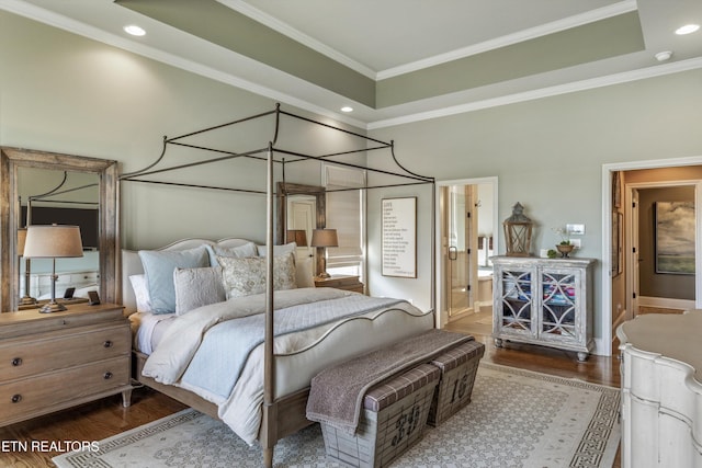 436 Silent River Ln, Loudon, TN 37774 - bedroom with wood finished floors, a raised ceiling, crown molding, recessed lighting, and baseboards