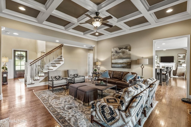 436 Silent River Ln, Loudon, TN 37774 - living area featuring coffered ceiling, stairs, ornamental molding, a ceiling fan, and beam ceiling