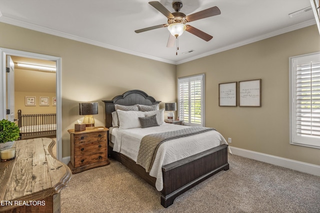 436 Silent River Ln, Loudon, TN 37774 - carpeted bedroom featuring baseboards, multiple windows, ornamental molding, and a ceiling fan