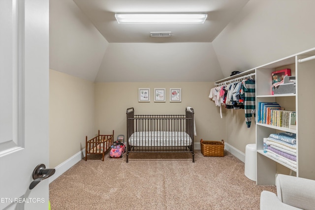 436 Silent River Ln, Loudon, TN 37774 - carpeted bedroom with a crib, lofted ceiling, and baseboards