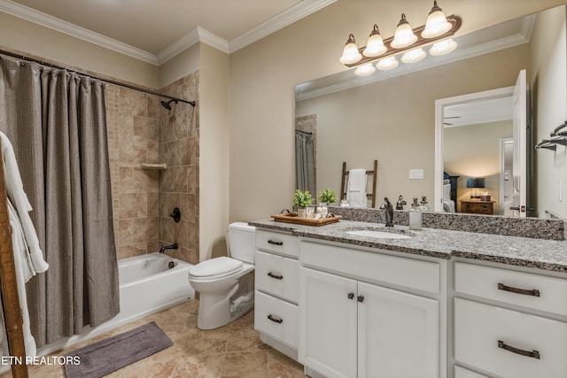 436 Silent River Ln, Loudon, TN 37774 - bathroom featuring vanity, shower / bath combo with shower curtain, toilet, and ornamental molding