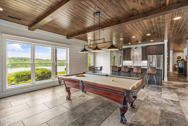 436 Silent River Ln, Loudon, TN 37774 - playroom with a water view, billiards table, wooden walls, a sink, and wood ceiling with exposed beams