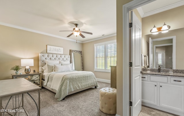436 Silent River Ln, Loudon, TN 37774 - bedroom with crown molding, a sink, baseboards, and ceiling fan