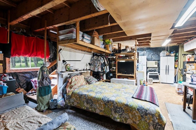 157 Chestnut Cir, Lafollette, TN 37766 - carpeted bedroom featuring freestanding refrigerator and heating unit