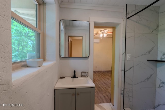 944 Smoky Mountain View Ct, Seymour, TN 37865 - bathroom featuring a marble finish shower, vanity, a ceiling fan, and wood finished floors