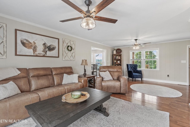 448 Trinity Rd, Morristown, TN 37814 - living room featuring a ceiling fan, wood finished floors, crown molding, and baseboards