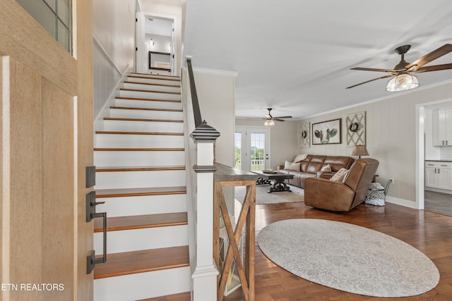 448 Trinity Rd, Morristown, TN 37814 - stairs featuring a ceiling fan, wood finished floors, crown molding, and baseboards