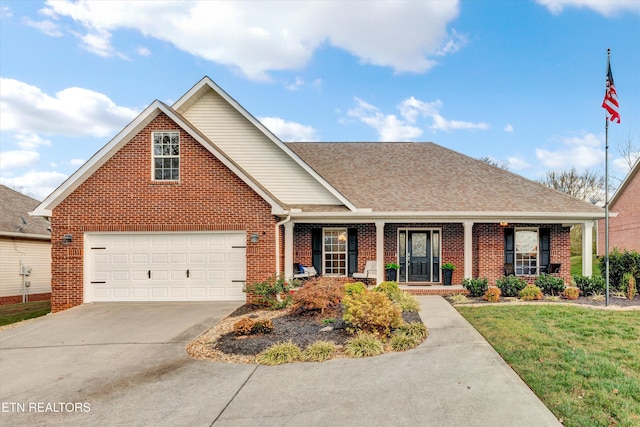 2034 Cherokee Dr, Maryville, TN 37801 - traditional-style home featuring brick siding, driveway, a porch, a front lawn, and a shingled roof