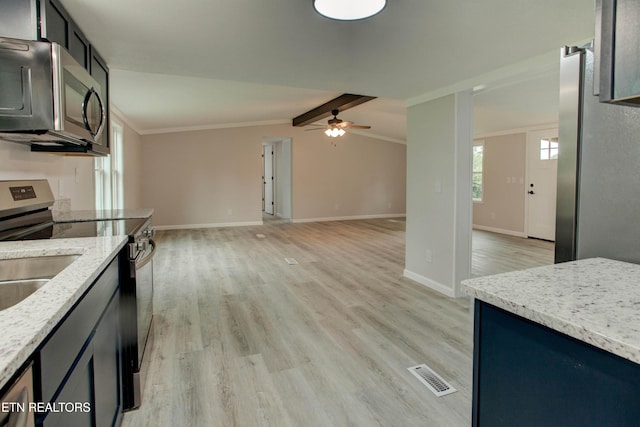 168 Misty Mountain Dr, Maryville, TN 37803 - kitchen featuring appliances with stainless steel finishes, crown molding, a ceiling fan, light wood-style flooring, and light stone counters