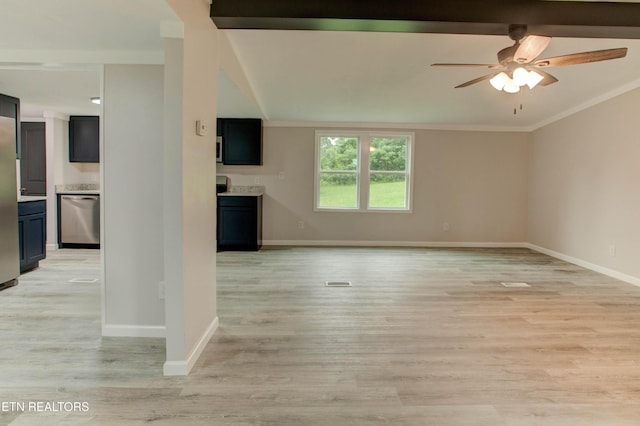 168 Misty Mountain Dr, Maryville, TN 37803 - unfurnished living room featuring a ceiling fan, baseboards, light wood-type flooring, and ornamental molding