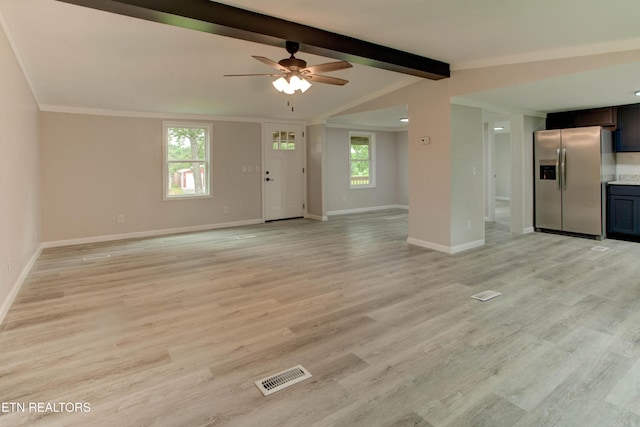 168 Misty Mountain Dr, Maryville, TN 37803 - unfurnished living room featuring beamed ceiling, light wood-style floors, ceiling fan, baseboards, and crown molding